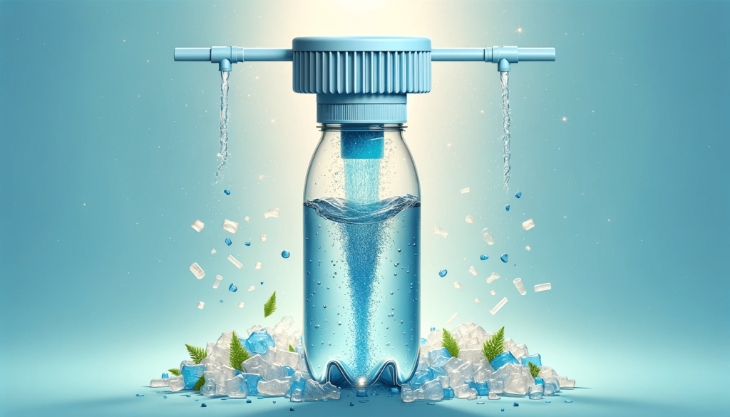 Aqui está a ilustração de uma garrafa de água com um filtro especial que remove microplásticos, simbolizando soluções para a poluição por microplásticos.
