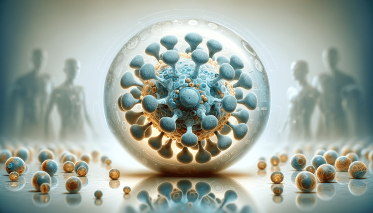 Image of a medical environment focusing on HTLV infection_ A light neutral background with a soft glow, in a horizontal format. In the center, a magni