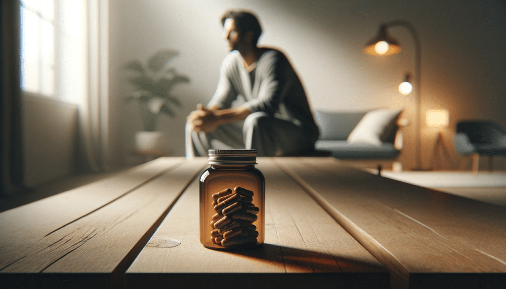 Imagem horizontal de um frasco de remédio autêntico sobre uma mesa, com uma pessoa ao fundo vestida casualmente, em um ambiente minimalista e elegante, destacado por uma iluminação suave que cria um reflexo sutil na superfície.