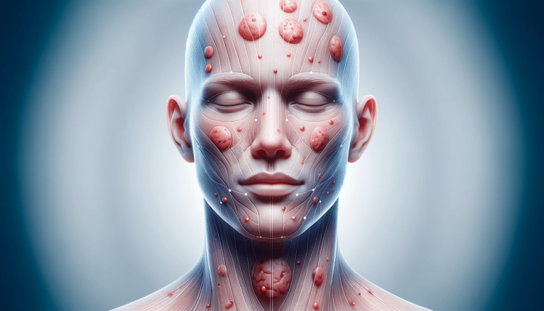 Hidradenite: o que é, causas, diagnóstico e tratamento 3 "Ilustração realista e delicada de um rosto humano, com marcações sutis nas áreas comumente afetadas pela hidradenite, transmitindo uma abordagem empática e educativa sobre a condição."