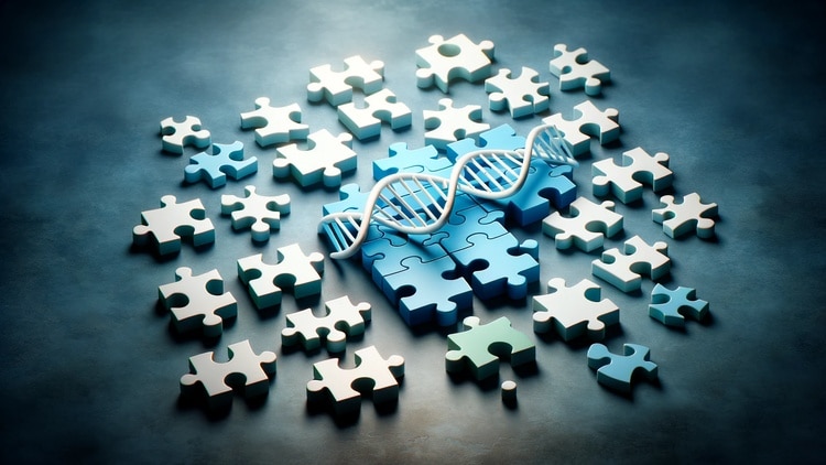 Puzzle pieces forming a DNA structure, symbolizing the complexity and uniqueness of each child's genetic and cognitive potential