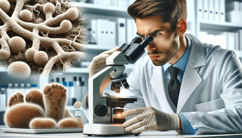 Ilustração realista horizontal de um cientista profissional observando o fungo causador do pé de atleta através de um microscópio em um laboratório bem equipado, vestindo trajes de laboratório apropriados, com foco no microscópio e na amostra fúngica.