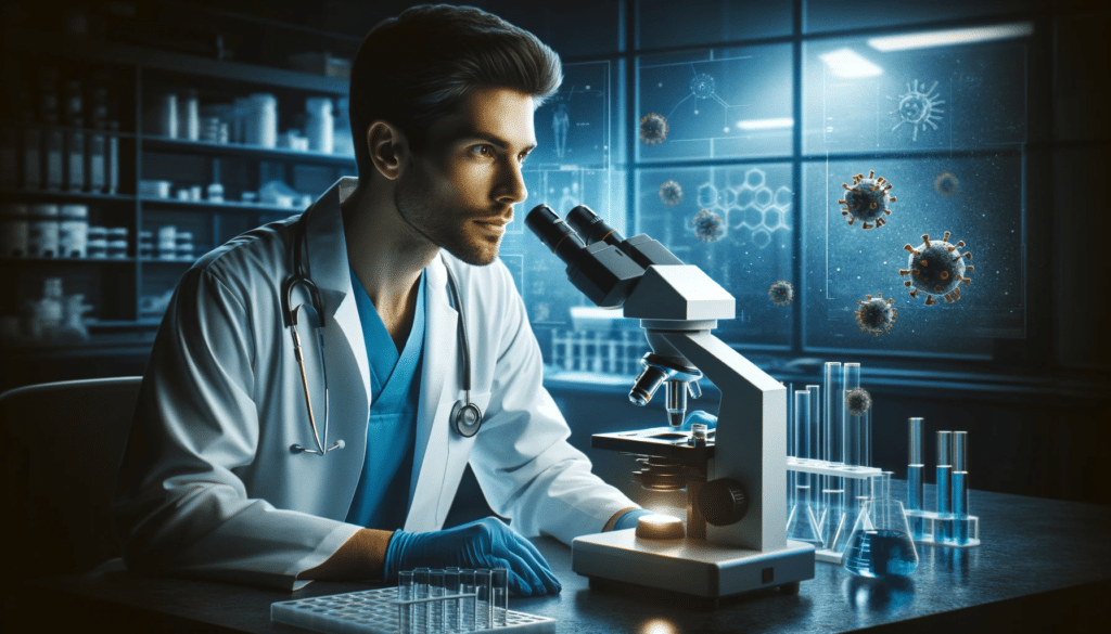 Imagem realista de um médico em um laboratório moderno, olhando através de um microscópio, com um fundo azul escuro criando uma atmosfera de urgência e mistério, simbolizando a pesquisa e investigação durante uma epidemia de vírus.