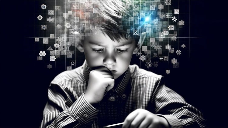 a child intensely focused on solving a puzzle or logic game, symbolizing concentration and focus often seen in gifted children