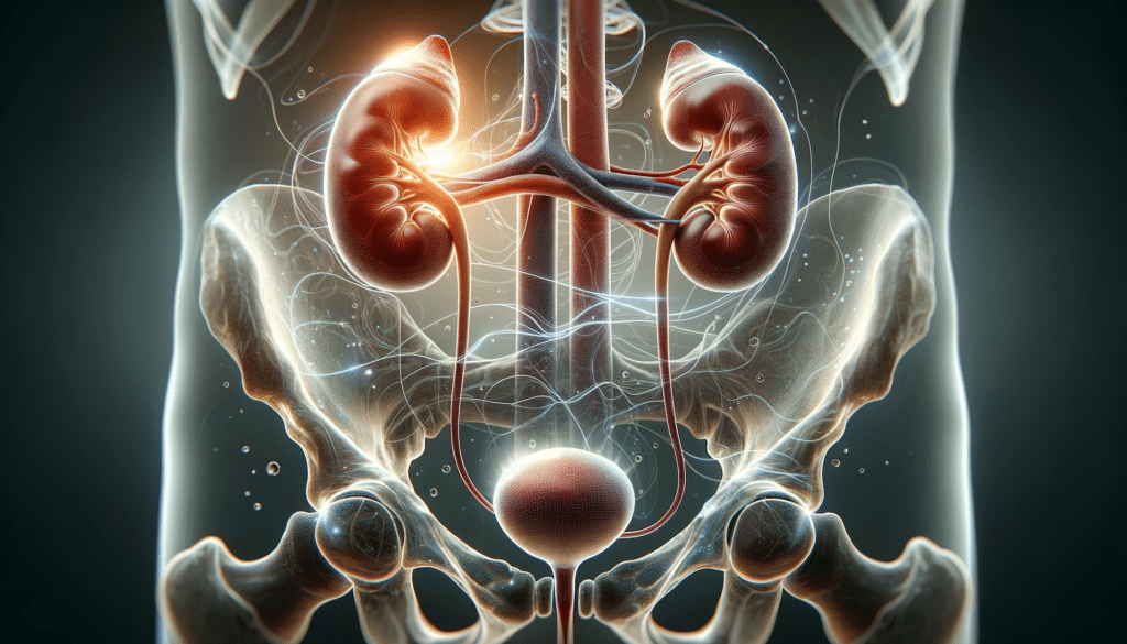 the functioning renal system showing the kidneys ureters bladder and urethra. The image has a semi transparent style