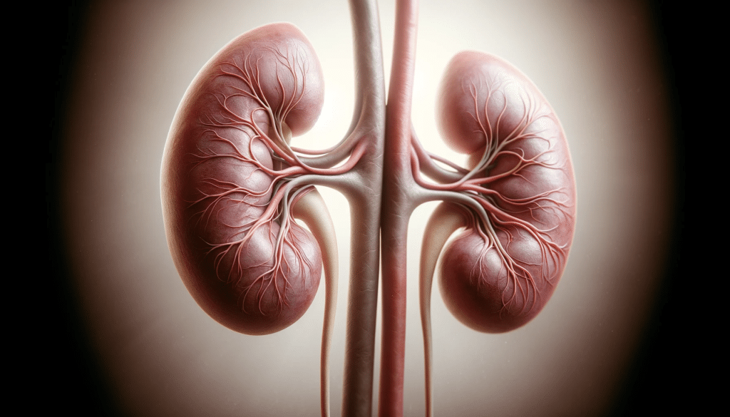 two human kidneys with visible blood vessels. The background is neutral and soft with subtle lighting hi