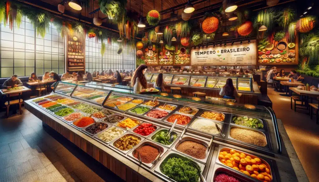 A bustling self-service restaurant, _Tempero Brasileiro_, showcasing a variety of healthy food options. The scene captures the essence of a balanced m.