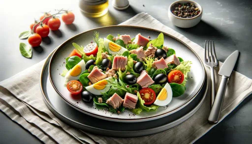 A clean, realistic, and gourmet image of a Fiorentina salad, served in a restaurant setting. The salad features a mix of fresh greens, chunky tuna pie