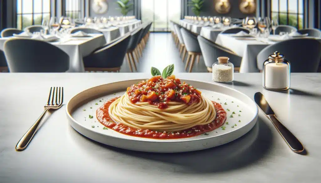 A clean, realistic, and gourmet image of a spaghetti dish with an abundance of sauce, beautifully plated in a minimalist style, focusing on the high-qsabores saudáveis e autênticos