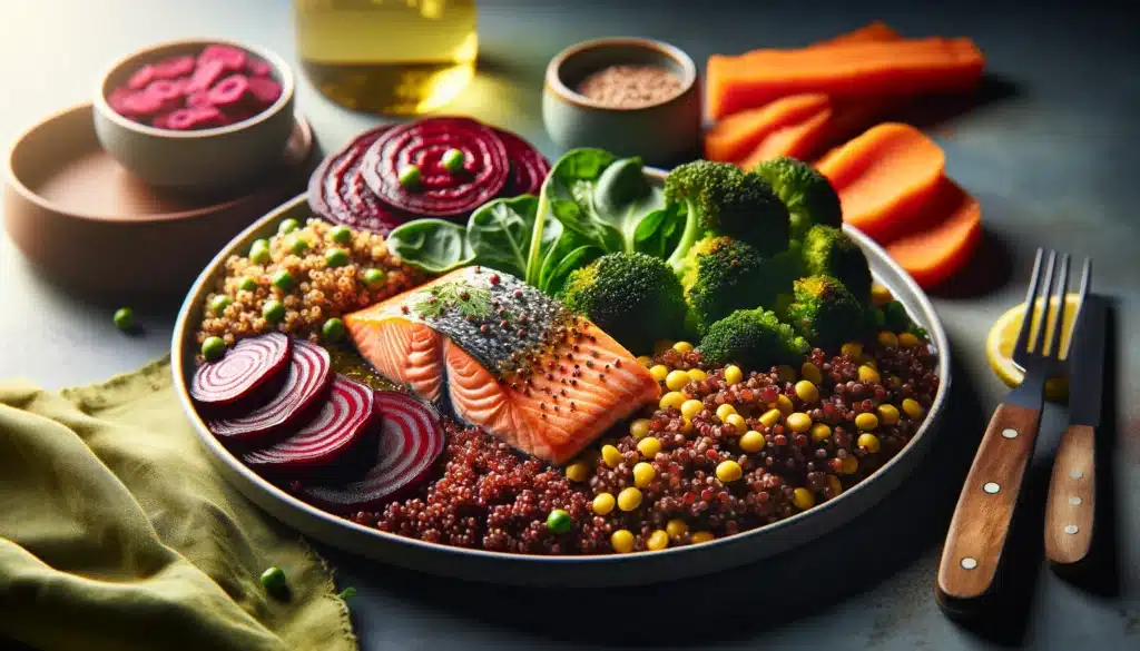  A close-up view of a plate filled with a nutritious meal rich in iron, featuring baked salmon, quinoa mixed with lentils, and a side of roasted beetro