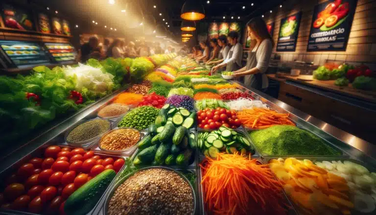 Nutrição e Prazer: Descubra a Alimentação Saudável com o Toque Especial do Tempero Brasileiro 11 A close-up view of a salad bar at _Tempero Brasileiro_ with an array of colorful, fresh vegetables and toppings, highlighting the variety and appeal o