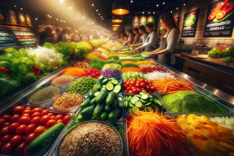 A close-up view of a salad bar at _Tempero Brasileiro_ with an array of colorful, fresh vegetables and toppings, highlighting the variety and appeal o