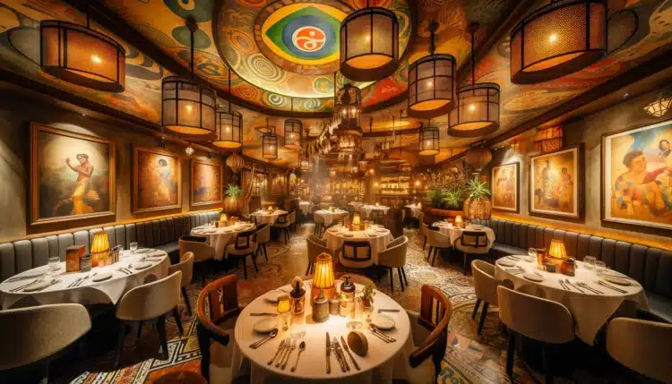 A cozy interior view of Tempero Brasileiro restaurant showcasing Brazilian cultural decor, including well-arranged tables, soft lighting, and artistic
