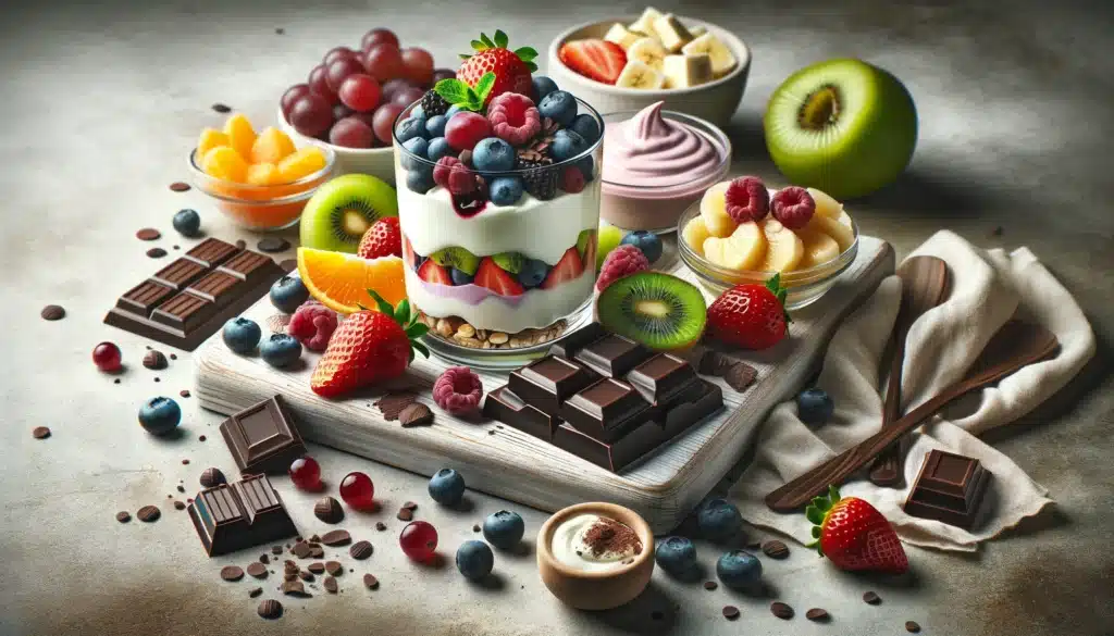 A horizontal realistic image featuring a variety of fit desserts like fruit salads, yogurt parfaits, and small portions of dark chocolate, arranged be