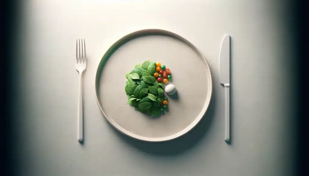  horizontal realistic image of a minimalist plate with a small portion of food, emphasizing the concept of portion control. The scene should depict a