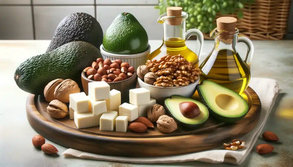 A horizontal realistic image of a variety of healthy fats like avocados, nuts, and olive oil, arranged elegantly on a kitchen counter. The image shoul Self Service