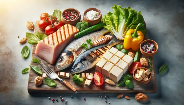 Comida Self Service é uma Alternativa Saudável? Como Montar seu Prato 9 A horizontal realistic image of lean proteins such as grilled chicken breast, fish, and tofu on a wooden cutting board, highlighting their health bene
