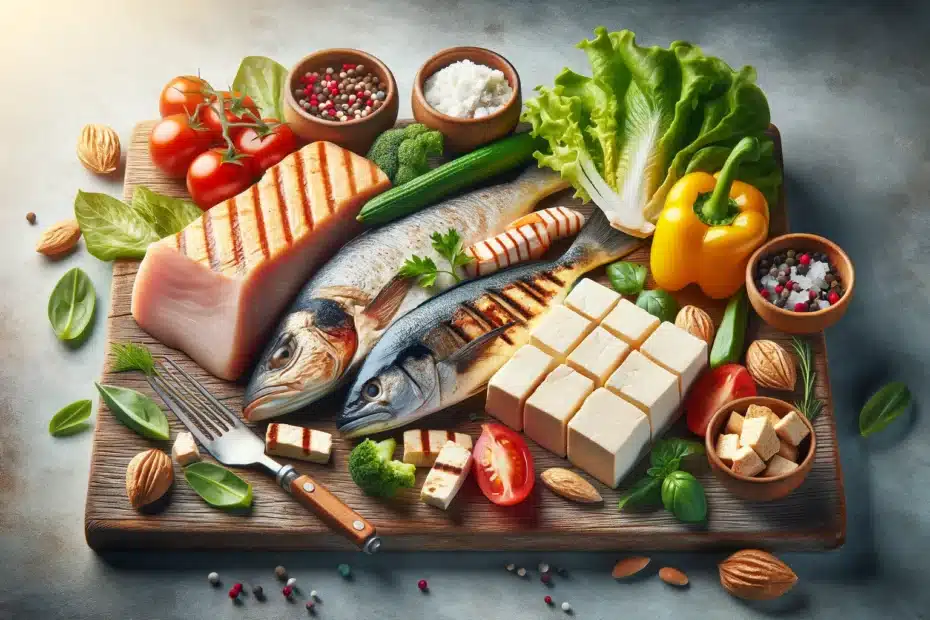 A horizontal realistic image of lean proteins such as grilled chicken breast, fish, and tofu on a wooden cutting board, highlighting their health bene