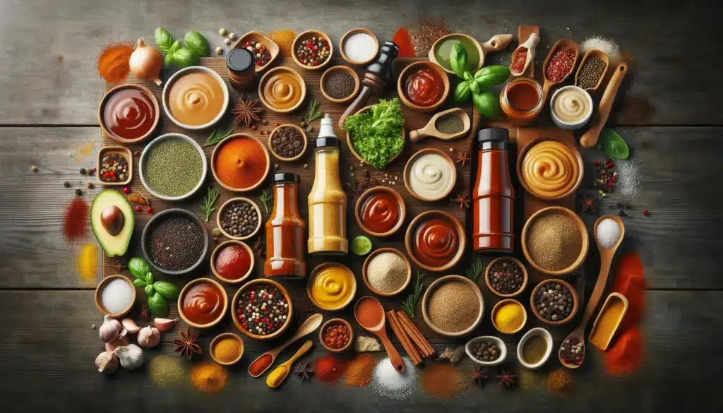  A horizontal realistic image showcasing a variety of common sauces and spices on a wooden table without any caution signs or text. The image should il