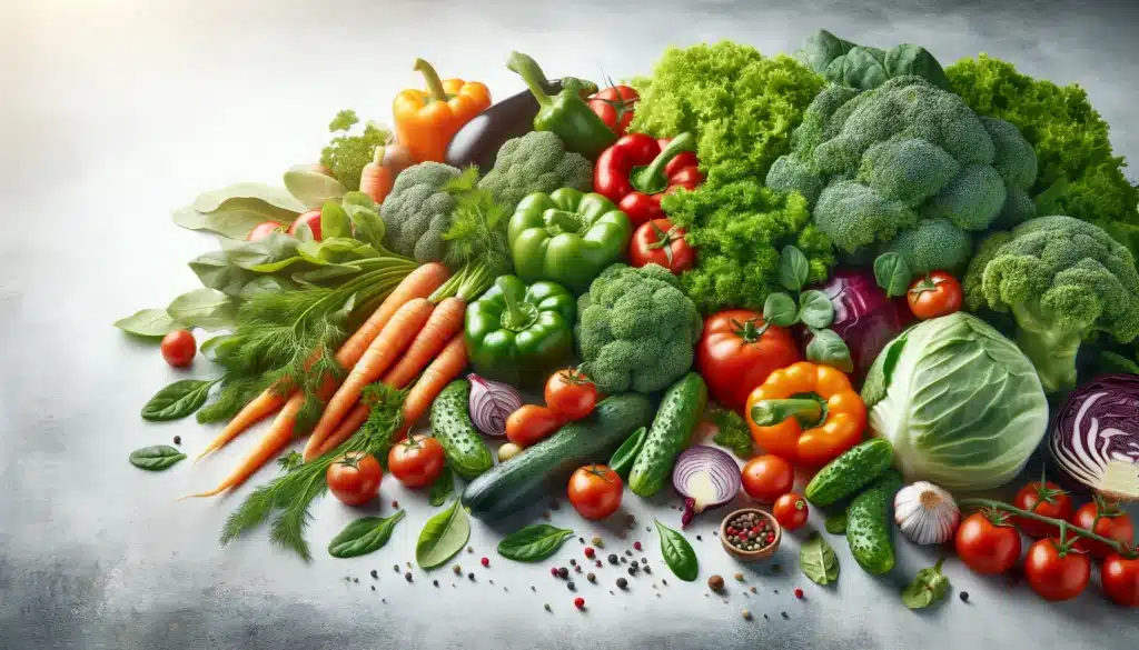  A horizontal realistic image showcasing a variety of fresh vegetables, including leafy greens, tomatoes, carrots, and peppers, arranged in a vibrant a