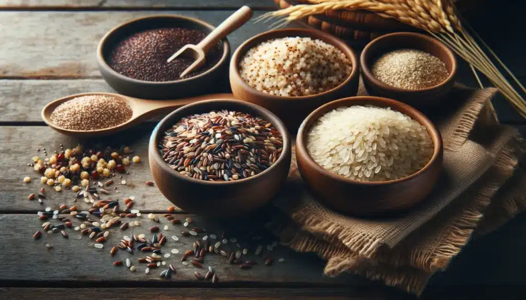 A horizontal realistic image showing a variety of whole grains like brown rice, quinoa, and barley in separate bowls on a rustic table. This scene sho