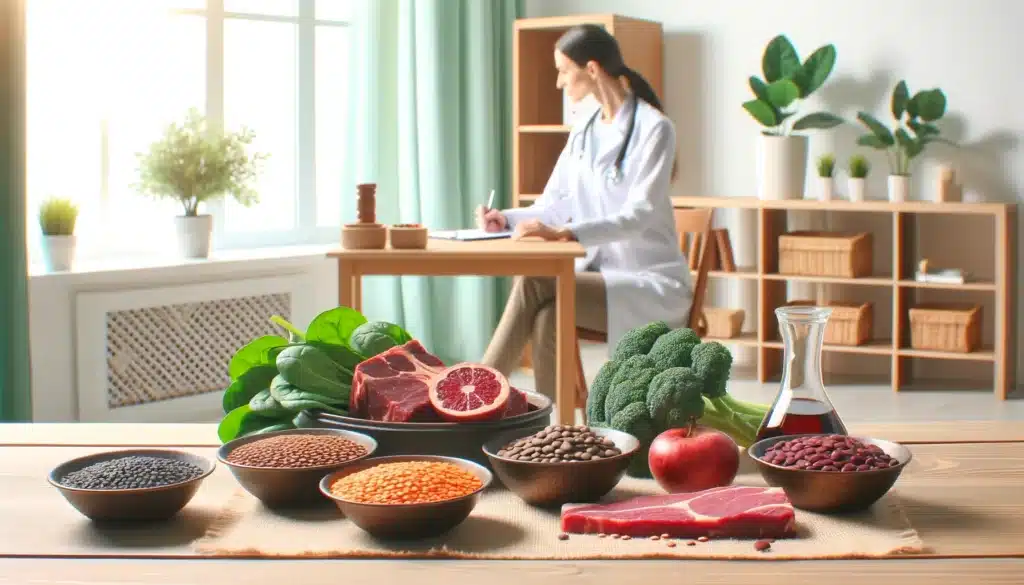  A nutritionist's consultation room with a bright and inviting atmosphere. On the table, there are various iron-rich foods, including spinach, lentils A nutritionist's consultation room with a bright and inviting atmosphere. On the table, there are various iron-rich foods, including spinach, lentils suplementação de ferro