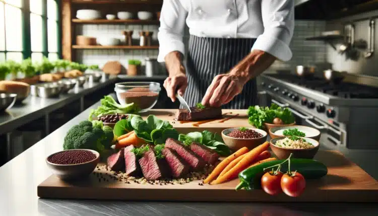 A professional kitchen environment where a chef is preparing a nutritious meal rich in iron, including grilled lean beef, quinoa, and steamed vegetabl