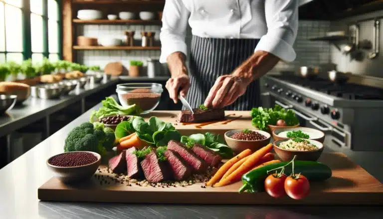 7 Alimentos ricos em ferro 17 A professional kitchen environment where a chef is preparing a nutritious meal rich in iron, including grilled lean beef, quinoa, and steamed vegetabl