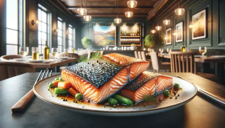 Frutos do Mar: Lombo de Bacalhau, Salmão e Mais 19 A realistic, horizontal image of a beautifully prepared salmon dish, showcasing a grilled salmon fillet rich in omega-3 and vitamin D, presented on a