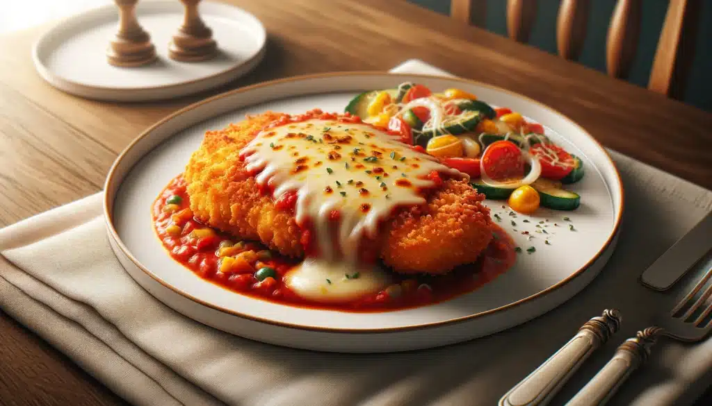  A realistic, horizontal image of a chicken parmigiana dish, featuring a golden-breaded filé de frango covered in a rich tomato sauce and melted cheese