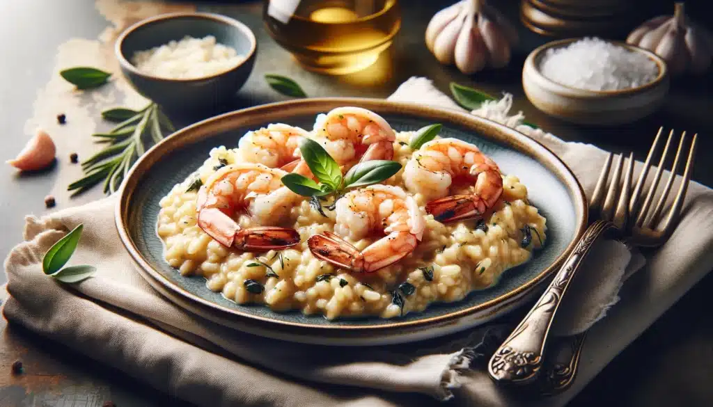 A realistic, horizontal image of a creamy shrimp risotto dish, showcasing the rich and flavorful combination of perfectly cooked risotto rice with suc