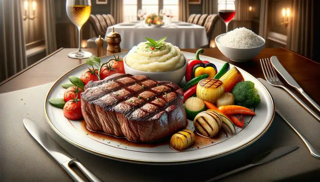  A realistic, horizontal image of a gourmet bife ancho dish, featuring a juicy, perfectly grilled bife ancho steak, accompanied by a side of fluffy mas