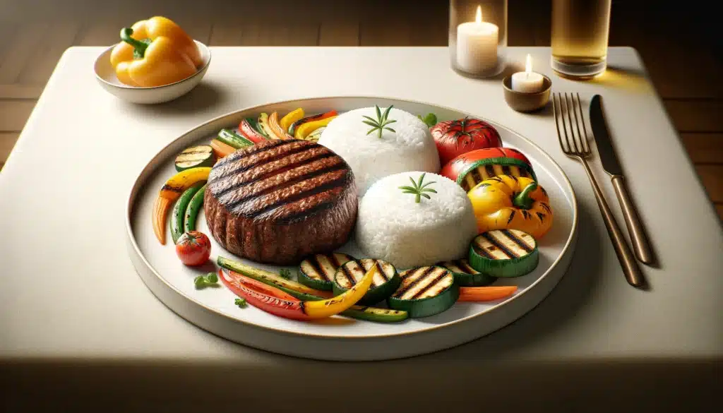 A realistic, horizontal image of a gourmet dish featuring a juicy picanha burger patty without the bun, served with a side of fluffy white rice and a 