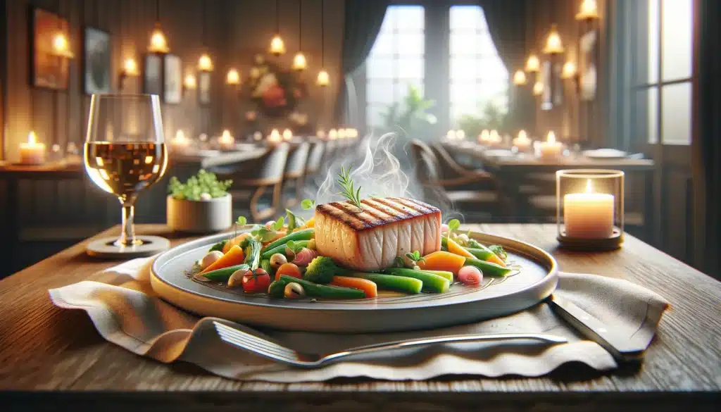 A realistic, horizontal image of a gourmet filé Saint Peter dish, featuring a delicately cooked fillet on a plate, showcasing its light texture and nu.