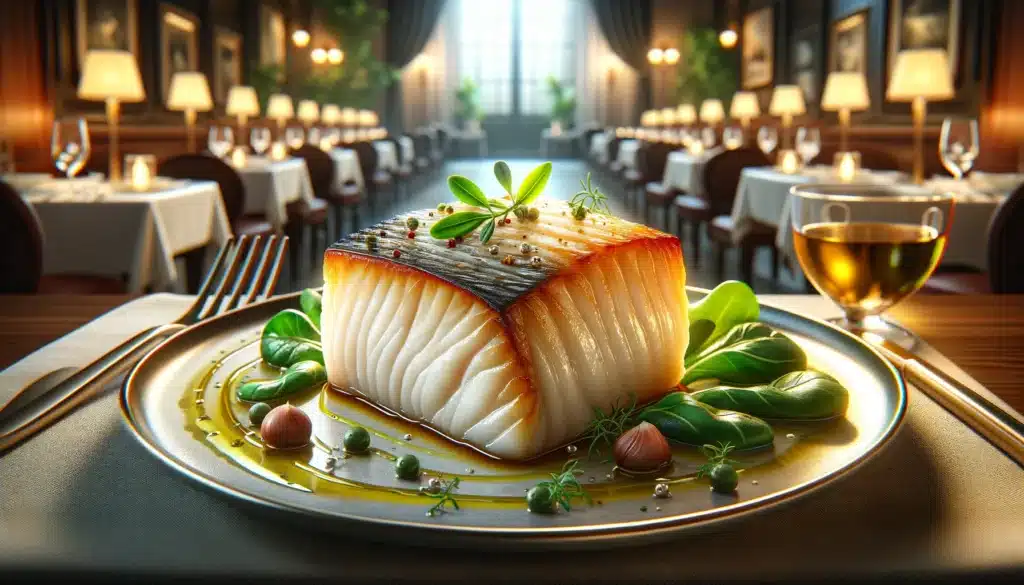 A realistic, horizontal image of a gourmet lombo de bacalhau dish, featuring a succulent piece of cod loin on a plate, perfectly cooked to enhance it Frutos do Mar
