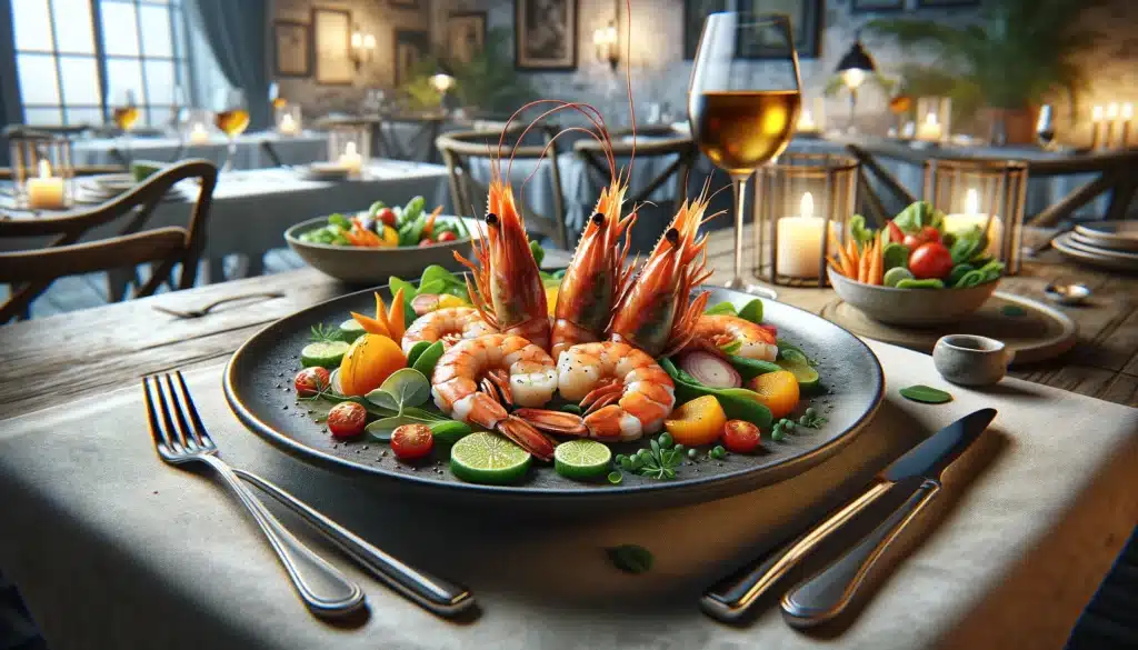 A realistic, horizontal image of a gourmet shrimp dish, capturing the versatility and deliciousness of shrimp. The plate features perfectly cooked shr