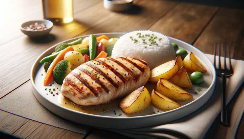  A realistic, horizontal image of a simple yet delicious grilled chicken fillet dish, featuring a tender filé de frango perfectly grilled, accompanied