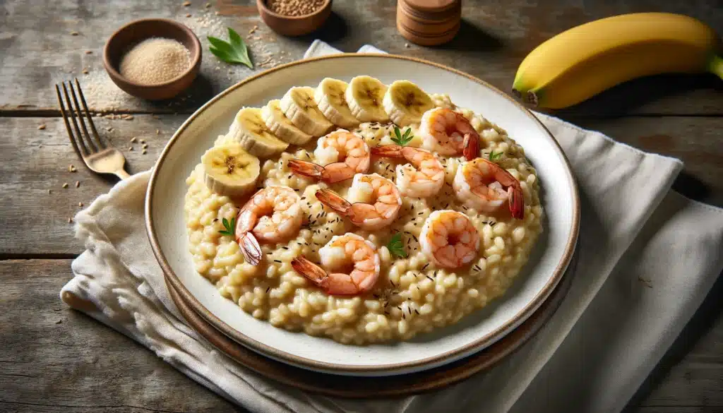 A realistic, horizontal image of a special risotto dish featuring creamy risotto with plump shrimp and slices of sweet banana mixed in. The dish is be Almoço Saudável