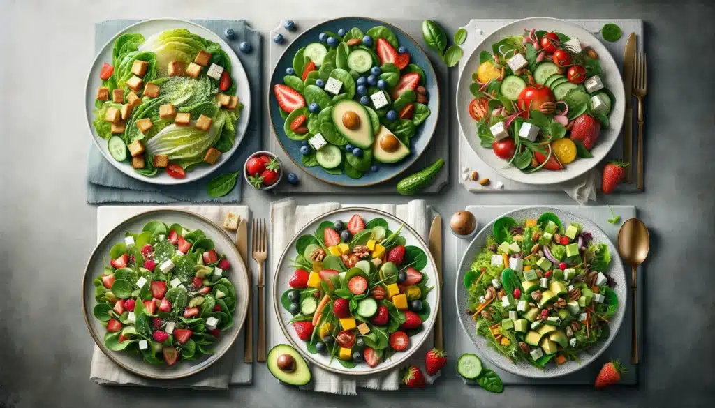 A realistic, horizontal image showcasing a variety of four fresh and nutritious salads, beautifully presented side by side. From left to right_ a clas