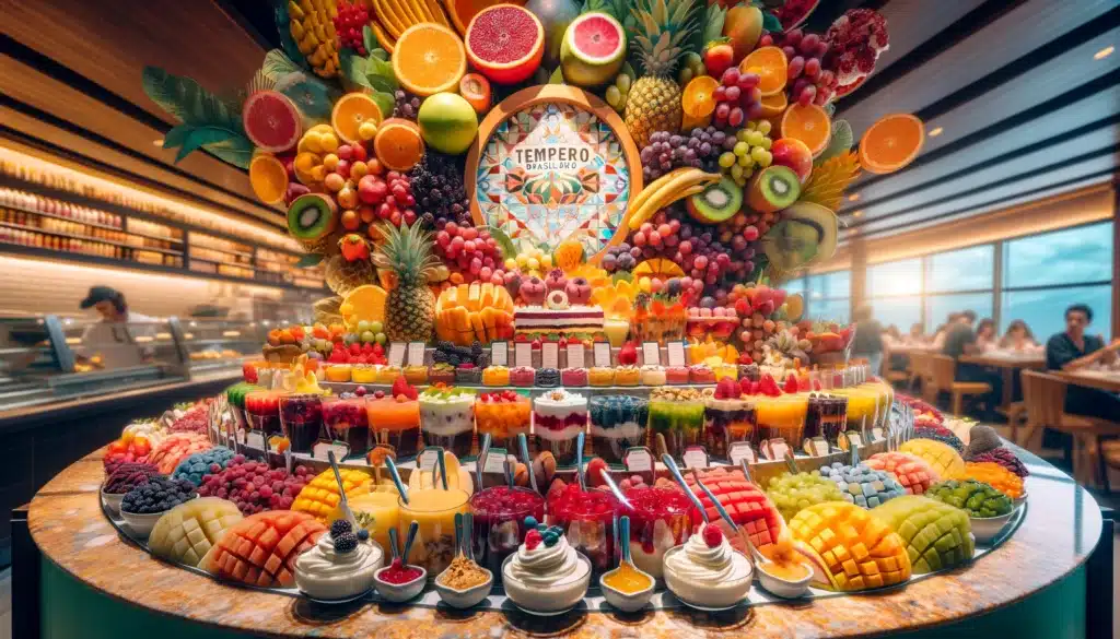 A vibrant and colorful dessert station at _Tempero Brasileiro_, featuring a selection of fruits and natural sweets. The station is adorned with an abu