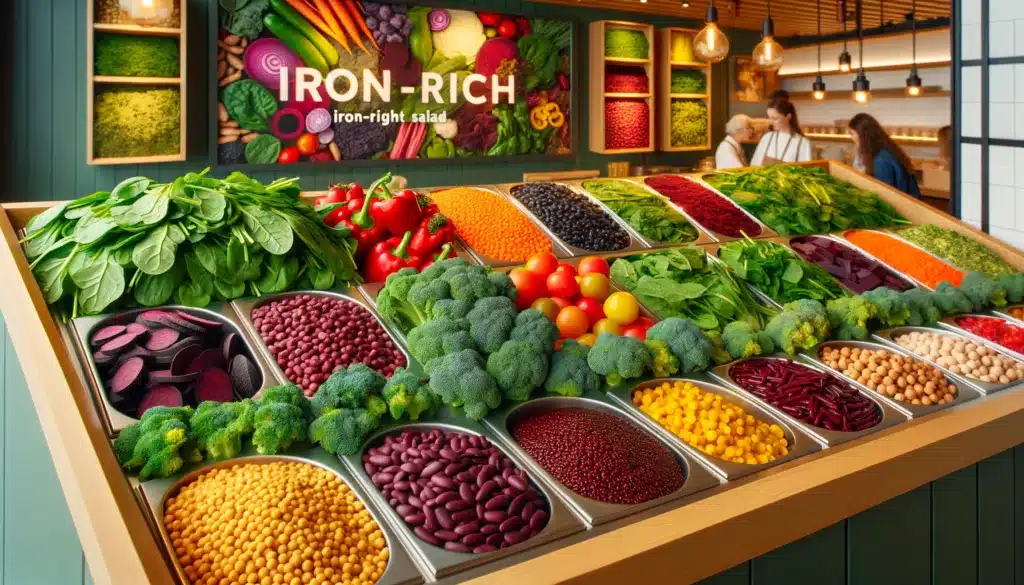 A vibrant and well-organized salad bar filled with fresh ingredients rich in iron, such as spinach, kale, broccoli, lentils, chickpeas, and kidney bea Suplementação de Ferro