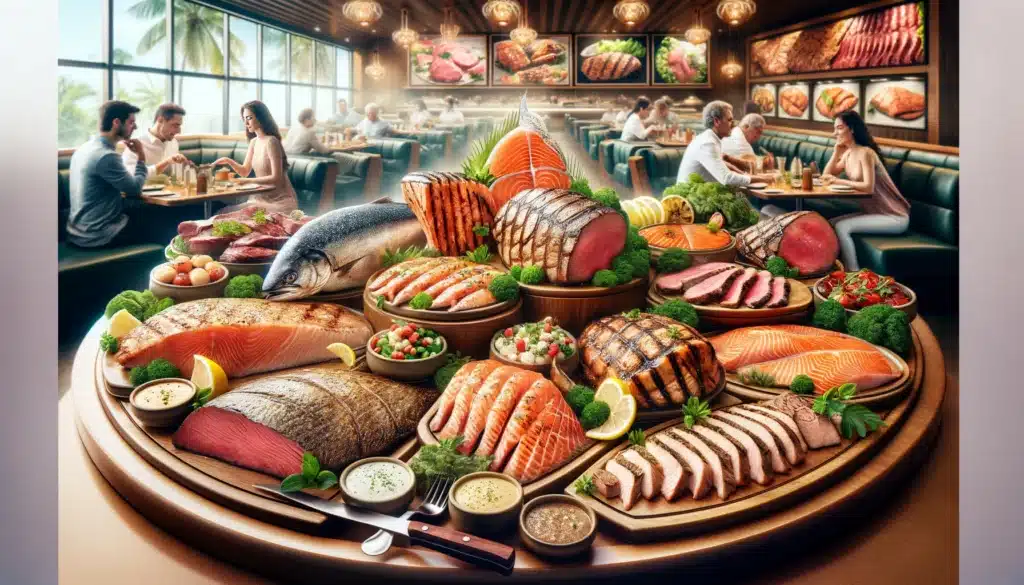  An image depicting a selection of lean meats and grilled fish at _Tempero Brasileiro_, highlighting the restaurant's dedication to offering high-prote