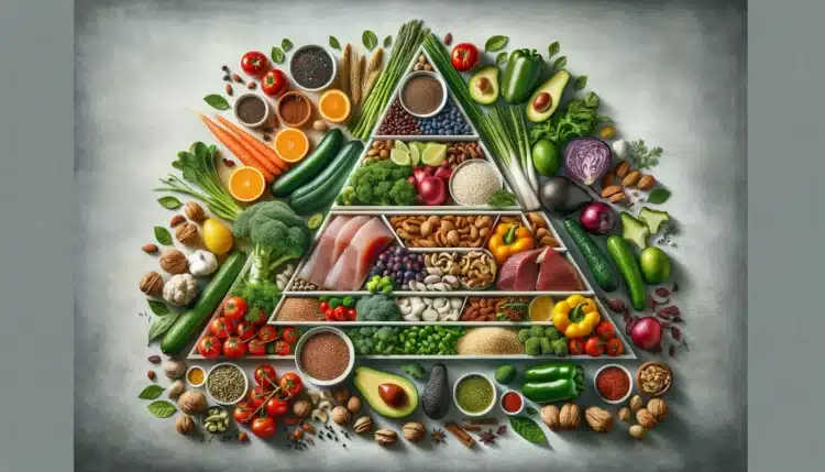 Create a realistic, horizontal image illustrating the themes of balanced nutrition. Include_ a variety of colorful vegetables and fruits forming the
