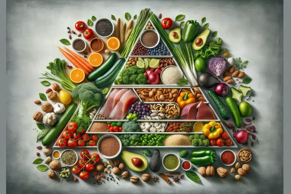 Create a realistic, horizontal image illustrating the themes of balanced nutrition. Include_ a variety of colorful vegetables and fruits forming the