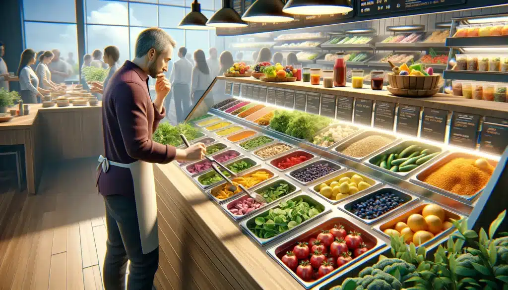 Create a realistic image depicting a bustling restaurant self-service area where a person is thoughtfully selecting healthy food options. The scene 