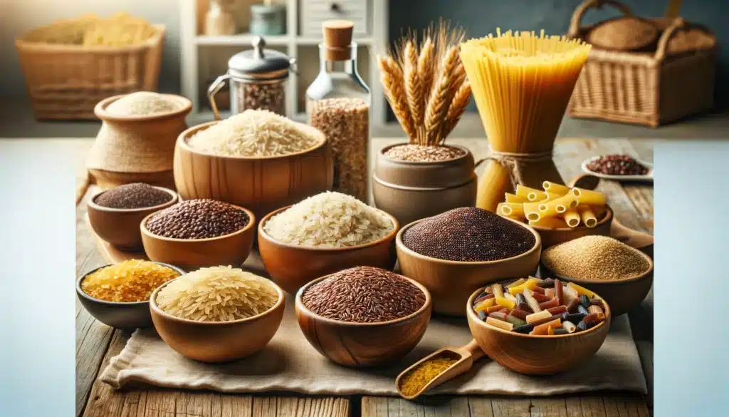Create a realistic image depicting a variety of whole grains, including brown rice, quinoa, bulgur, and whole wheat pasta, arranged in an inviting ki