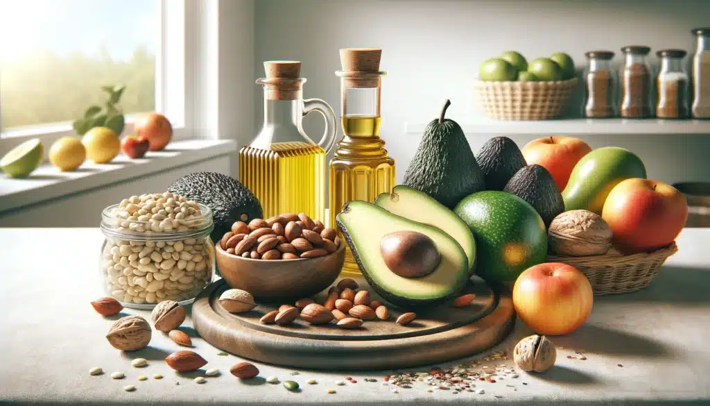  Create a realistic image illustrating a selection of healthy fats, including avocados, nuts, seeds, and olive oil, arranged elegantly on a kitchen cou.web