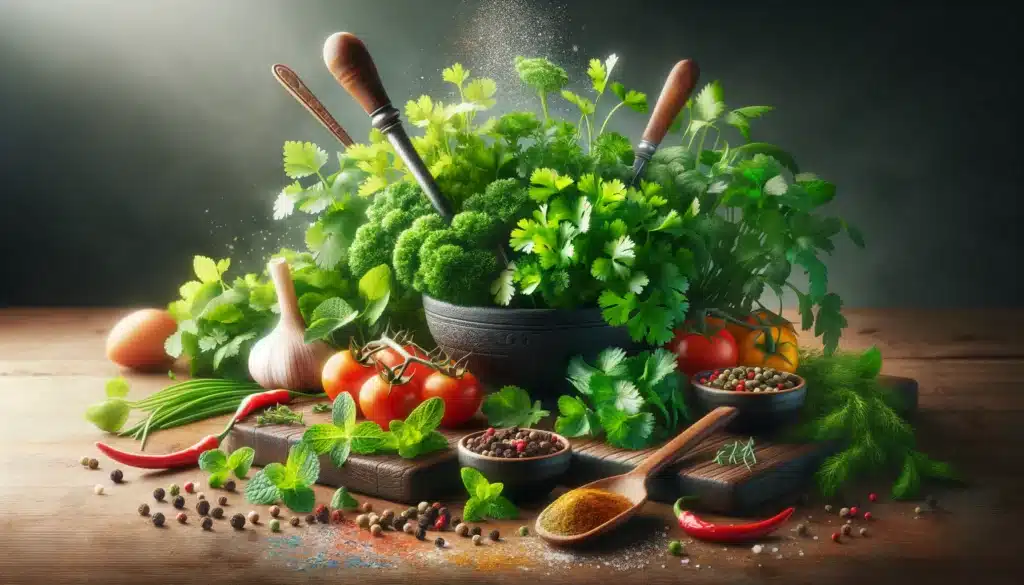  Create a realistic image illustrating a vibrant array of fresh herbs and spices, including cilantro, parsley, mint, oregano, and black pepper, artisti