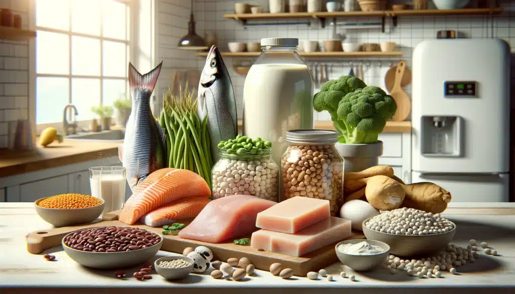Create a realistic image showcasing a variety of lean proteins, including fish, chicken, legumes, and tofu, arranged on a kitchen counter. The scene sabor e saúde