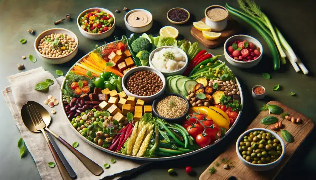 Crie uma imagem realista e horizontal que capture um cardápio variado de opções vegetarianas e veganas em um restaurante elegante
